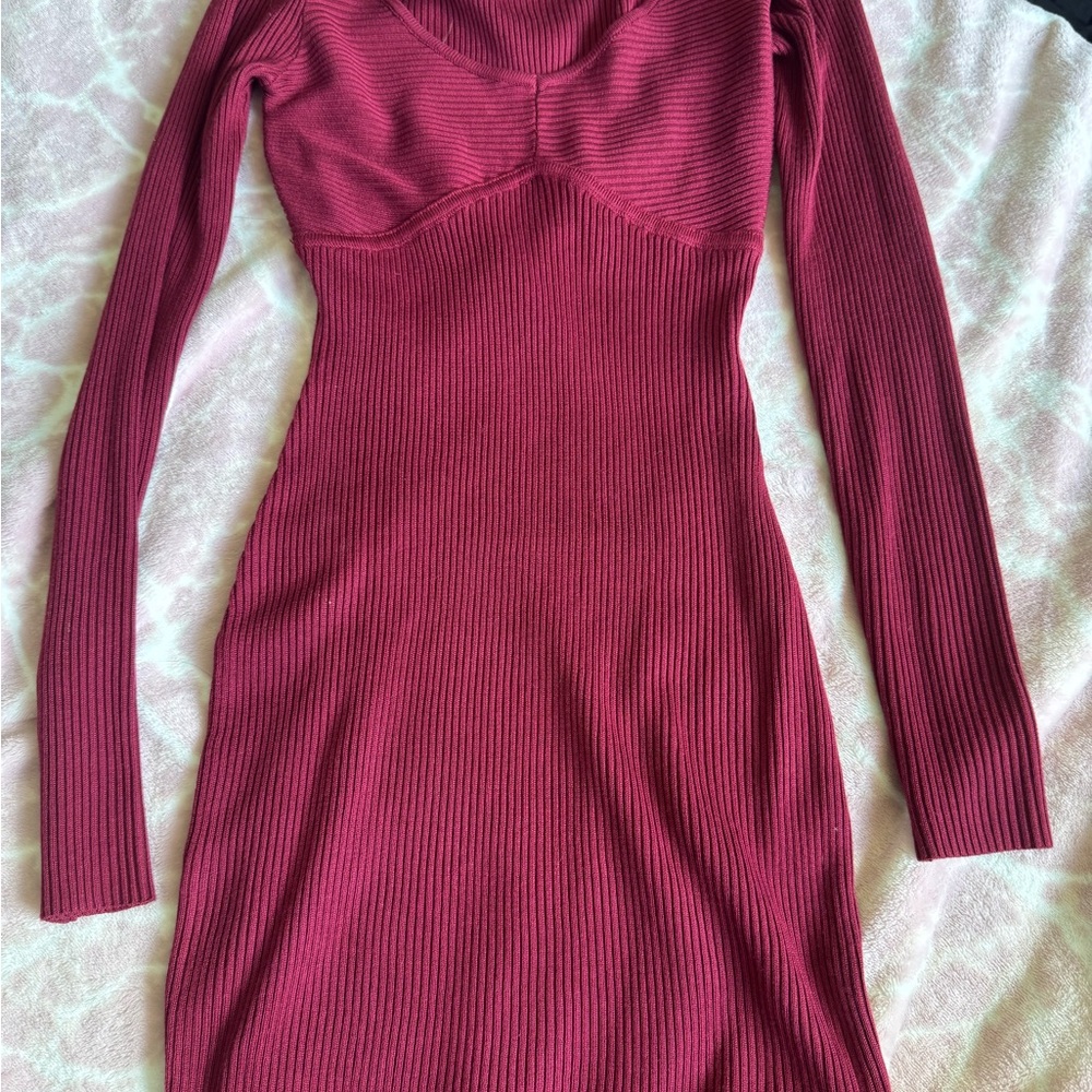 Elegant Ribbed Long Sleeve Dress - Pink